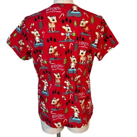 Rudolph The Red-Nosed Reindeer Red Christmas Scrub Top Unisex Size M 100% Cotton - Picture 4 of 7